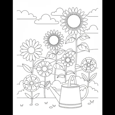 A children's garden section with large colorful flowers, oversized daisies coloring page