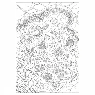 A coastal rock pool ecosystem, a close-up top-down view of a rock pool showing coloring page