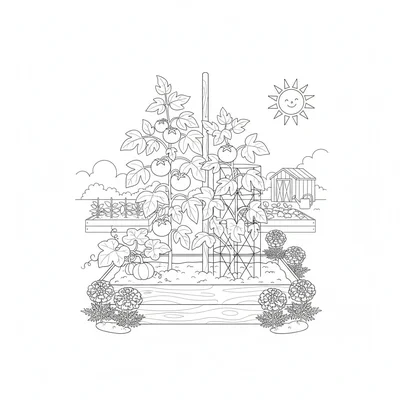 A community garden plot with a raised bed containing tomato plants with a stake coloring page