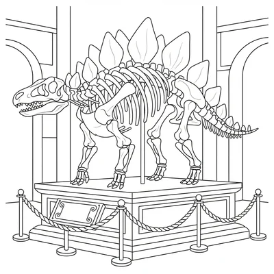 A complete museum-style skeleton reconstruction of a Stegosaurus, mounted on a… coloring page