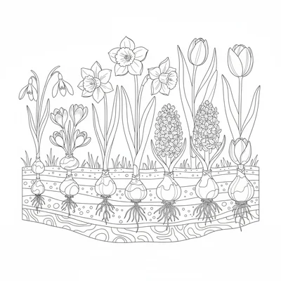 A complete spring bulb garden cross-section showing snowdrops, crocuses coloring page