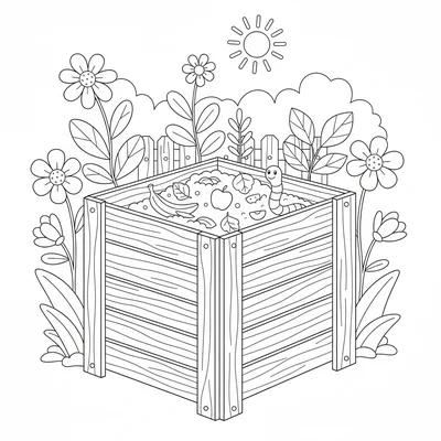 A simple compost bin in a garden corner with a wooden slatted box, a partially coloring page