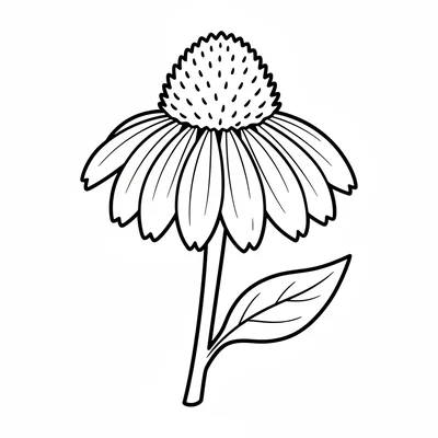A simple coneflower (echinacea) with 12 wide drooping petals around a large coloring page