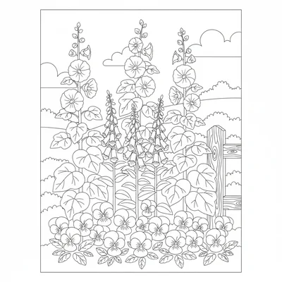 A cottage garden bed in bloom with tall hollyhocks at the back, medium coloring page