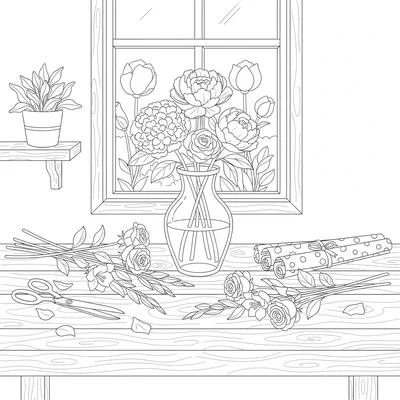 A cut flower arrangement process, a workbench with flowers being arranged into coloring page