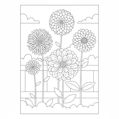 A dahlia garden bed with 5 large dahlia blooms of different varieties, ball coloring page
