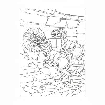 A Deinonychus pair investigating a large fossilized ammonite embedded in a clif… coloring page