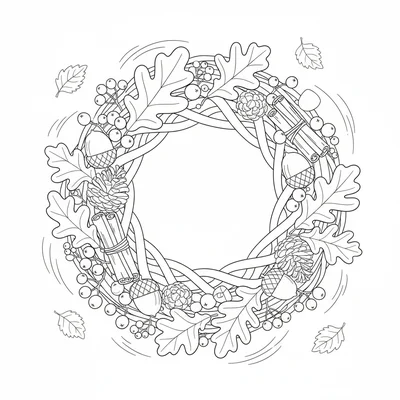 A dried autumn wreath made of oak leaves, pine cones, acorns, dried berries coloring page
