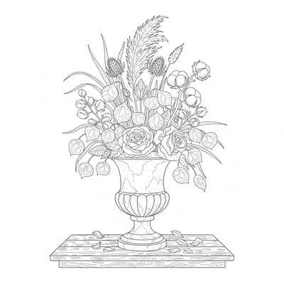A dried flower still life with a tall arrangement in an antique urn, pampas coloring page