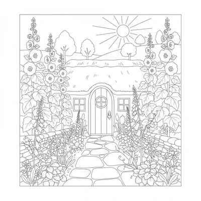 An English cottage garden front path with hollyhocks on either side reaching coloring page