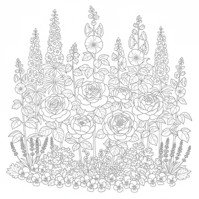 A English cottage garden riot illustration showing four coloring page