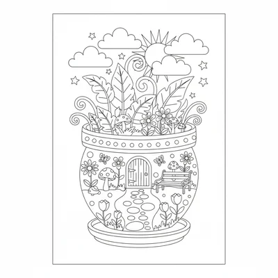 A fairy garden in a large pot, miniature plants, tiny stone pathways, a small coloring page