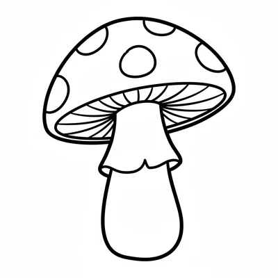 A fat toadstool with a large round red cap covered in white dots, a thick white coloring page