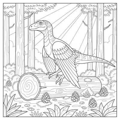 A feathered Velociraptor perched on a fallen conifer log in a Cretaceous forest… coloring page