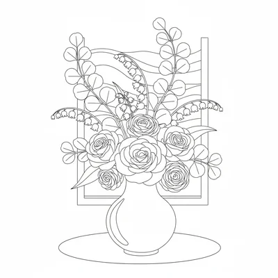 A floral table centerpiece in a round vase, tall stems of eucalyptus and lily coloring page