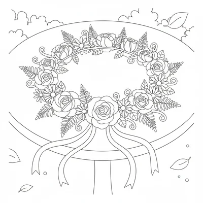 A flower crown made of roses, ferns, and small daisy sprigs, laid flat coloring page
