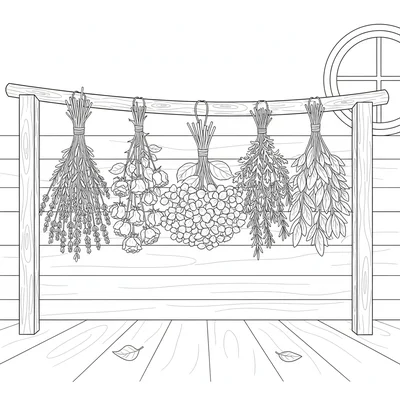 A flower drying rack in a barn, bunches of lavender, roses, hydrangeas coloring page