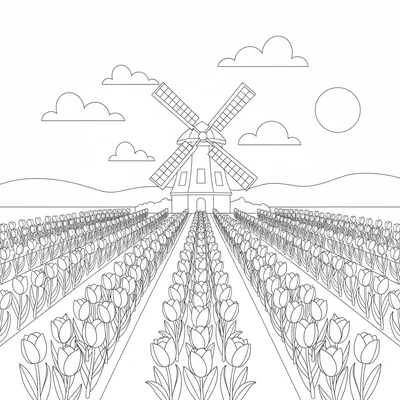 A flower field scene with rows of tulips in 3 alternating colors stretching coloring page