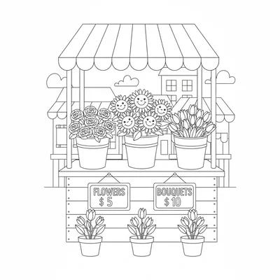 A flower market stall with bucket arrangements of sunflowers, roses coloring page
