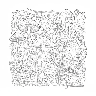 A forest floor cross-section from above showing mushrooms of several types coloring page