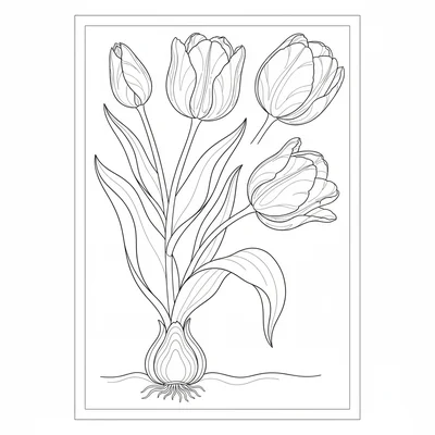 A formal botanical illustration of a tulip, showing the bulb in cross-section coloring page