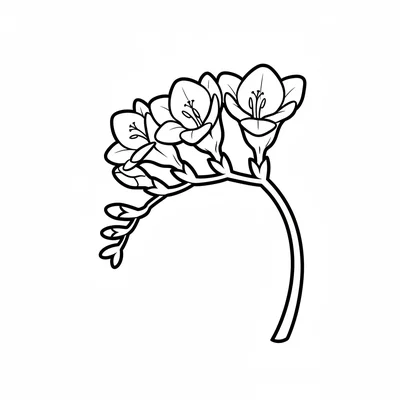A simple freesia with a curved arching stem and 4 funnel-shaped flowers coloring page