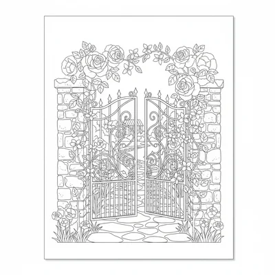 A garden gate with climbing roses and jasmine wound around the iron frame coloring page