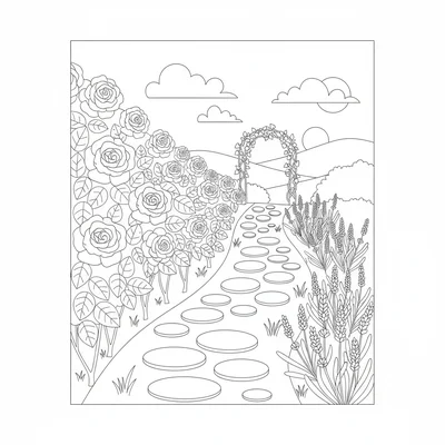 A garden path between two rows of flowering bushes, the path made of round coloring page