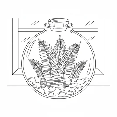 A glass terrarium shaped like a large bulb, containing ferns, pebbles, a small coloring page