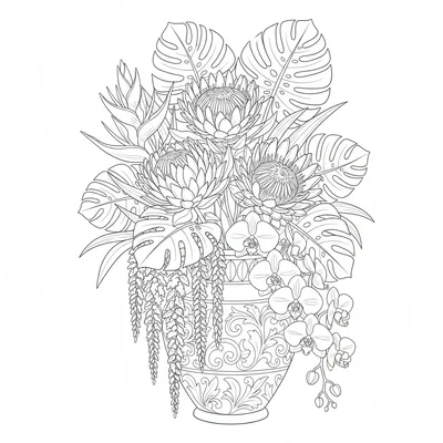 A grand botanical arrangement in a large ceramic urn, giant proteas coloring page