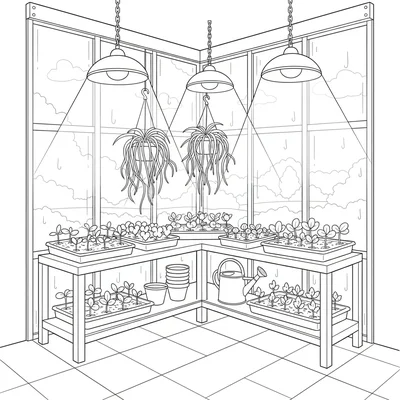 A greenhouse interior corner with shelves of seedling trays, hanging spider coloring page