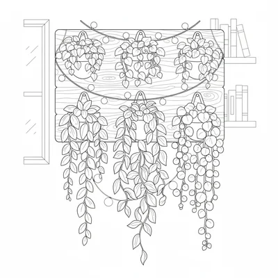 A hanging plant wall, 6 small pots attached to a wooden board, each pot coloring page