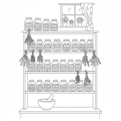A herbal apothecary shelf with rows of glass jars holding dried herbs, each jar coloring page