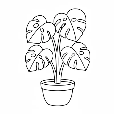 A simple houseplant in a round pot, a monstera with 3 large leaves each showing coloring page