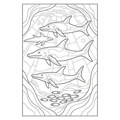 An Ichthyosaur family of three swimming in formation through open ocean, their… coloring page