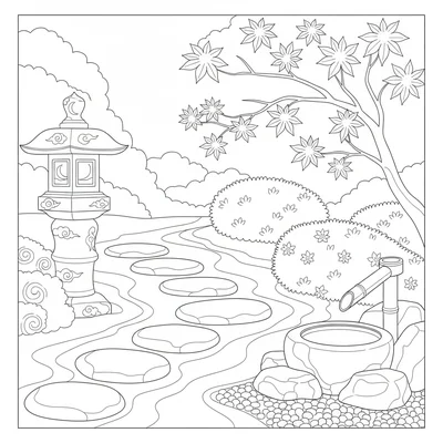 A Japanese botanical tea garden path with a stone lantern, stepping stones coloring page