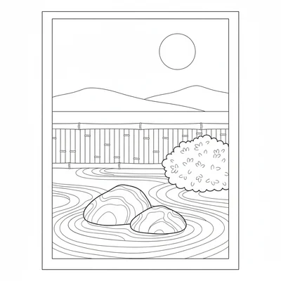 A Japanese zen garden corner with a raked sand section showing simple wave coloring page