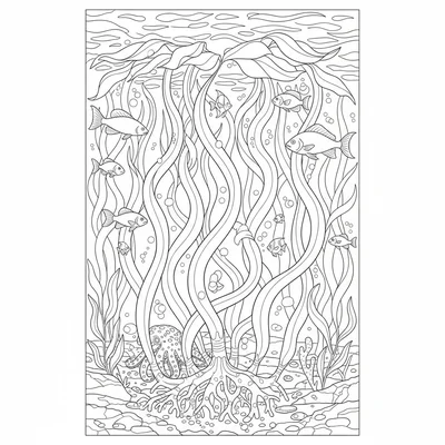 A kelp forest scene showing the full kelp plant from holdfast anchor on the sea coloring page