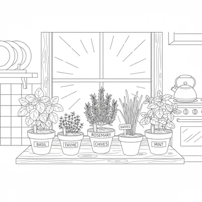 A kitchen herb window garden with 5 different small pots on a wide windowsill coloring page