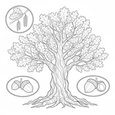 A large old oak tree in full summer leaf, with visible surface roots coloring page