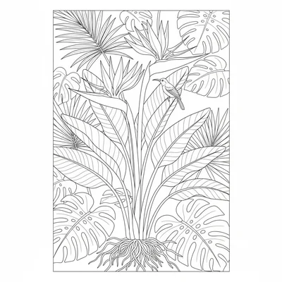 A large-scale tropical botanical study showing a bird of paradise plant in full coloring page