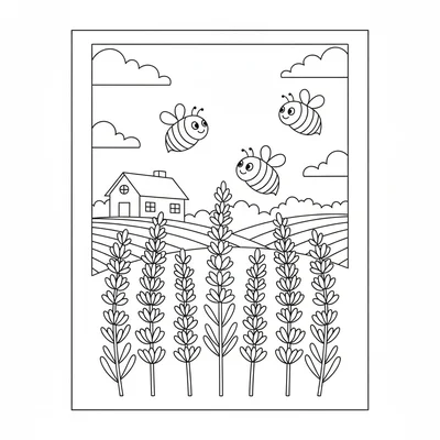 A lavender field row with 5 tall lavender plants in a line, the spikes in full coloring page