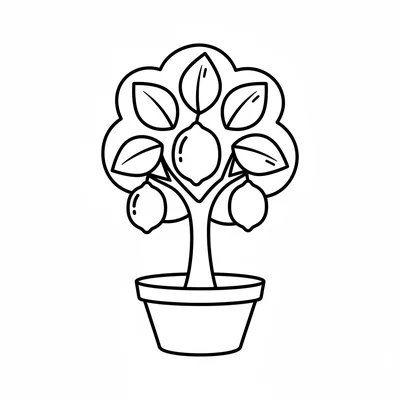 A simple lemon tree in a round pot with 5 oval glossy leaves and 3 lemons coloring page