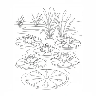 A lily pond with 5 large lily pads floating on the surface, open lotus flowers coloring page