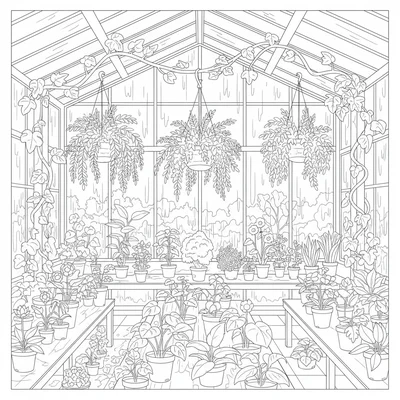 A lush greenhouse interior with glass roof panels above, long staging tables coloring page