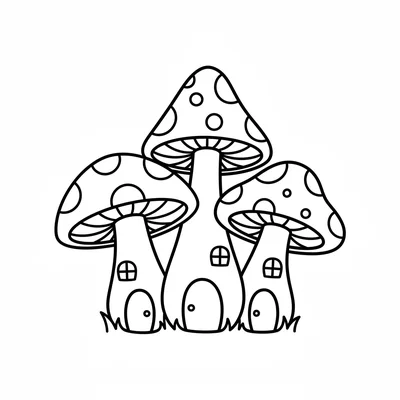 A simple magic mushroom village, 3 large mushrooms of different heights side coloring page