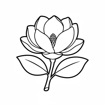 A simple magnolia bloom with 6 large cupped petals slightly open, showing coloring page