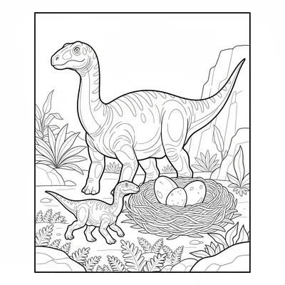 A Maiasaura nesting ground with a parent dinosaur standing beside a bowl-shaped… coloring page