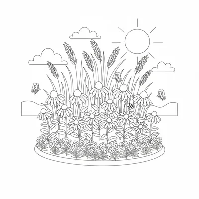 A mixed border garden bed with tall ornamental grasses at the back coloring page