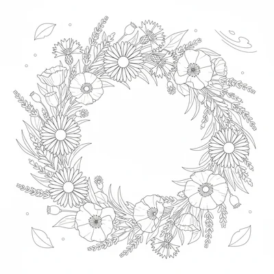 A mixed wildflower wreath made of cornflowers, daisies, lavender sprigs coloring page